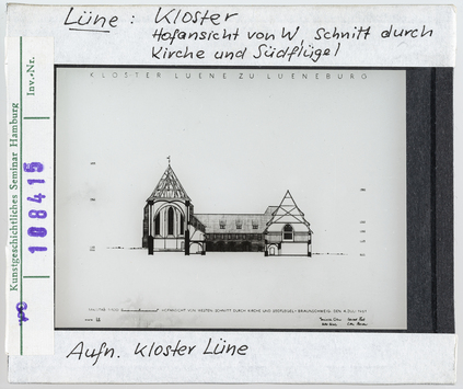 Vorschaubild Lüne: Kloster, Hofansicht von Westen, Schnitt durch Kirche und Südflügel 